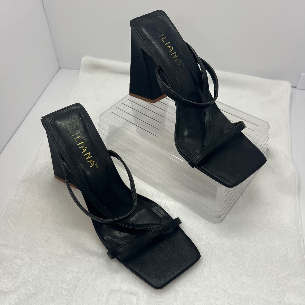 LILIANA Strappy Block Heel Mule Sandals Womens 7.5 Black Square Toe Modern